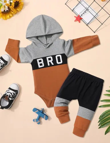 Vista 8 de Tomolant Baby Boy Clothes Long Sleeve Romper, Letter Print Hooded Sweatshirt +Patchwork Pants 2pcs Fall Winter Outfits