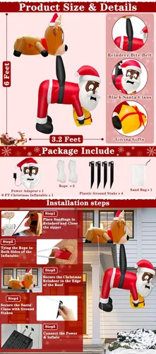 Vista 6 de Reno inflable de Navidad de 6 pies y Papá Noel trepador, divertida decoración colgante al aire libre con luz LED incorporada, decoración de patio