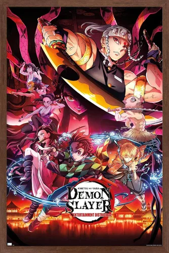 Vista 7 de Demon Slayer - Póster de pared Key Visual 1, 22.4 pulgadas de largo x 14.7 pulgadas de ancho, versión enmarcada de madera de granero