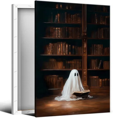 Vista 6 de Lienzo decorativo de Halloween para pared, póster de fantasma y gato negro en la bañera, imagen espeluznante de fantasma y flores, impresión