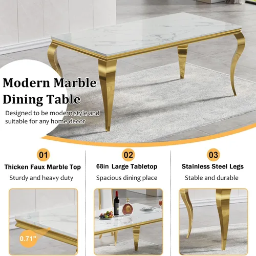 Vista 4 de Juego de 5 mesas de comedor de mármol sintético para 4 mesas de cocina de lujo de 68 pulgadas de oro blanco con 4 sillas tapizadas de terciopelo