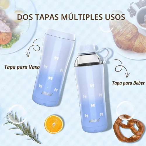 Vista 6 de Bow - Botella de agua aislada para mujeres, botellas de agua de acero inoxidable de 18 oz, de doble pared, 2 tapas (para beber y vaso) - Hidrata