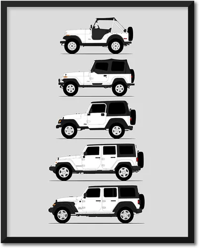 Vista 17 de Custom Car Posters Póster hecho a mano compatible con Jeep Wrangler Generations e impresión de CJ, YJ, TJ, JK, JL, estadounidense, 8 x 10 pulgadas
