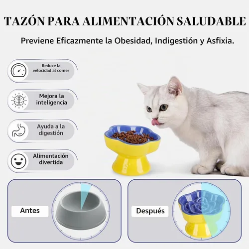 Vista 3 de S&Q's CERAMICS Cuenco elevado de alimentación lenta para gatos, cuenco de cerámica elevado e inclinado para comida para mascotas, comedero lento Azul
