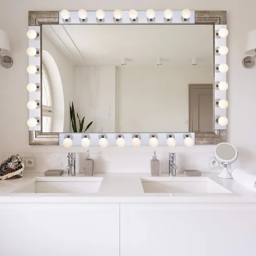Vista 7 de Lighting - Tira de tres luces para tocador de estilo Hollywood con placas cromadas, accesorios de calidad de salón para dormitorio, baño, vestidor
