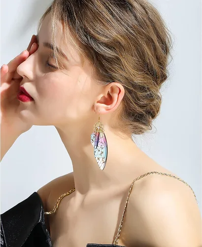 Vista 3 de BELLA-Bee - Aretes colgantes de alas de mariposa chapados en oro con cristal y diamantes de imitación, joyería para mujeres y niñas, joyería