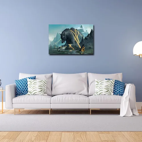Vista 2 de Pintura artística de lobo nórdico Fenrir para pared, decoración estética contemporánea, impresiones en lienzo giclée, decoración de pared para sala