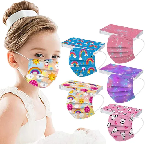 Vista 7 de 50 piezas mascarillas faciales para niños, 3 capas, no tejidas, transpirables, protectoras, para niños y niñas, para exteriores y escuela