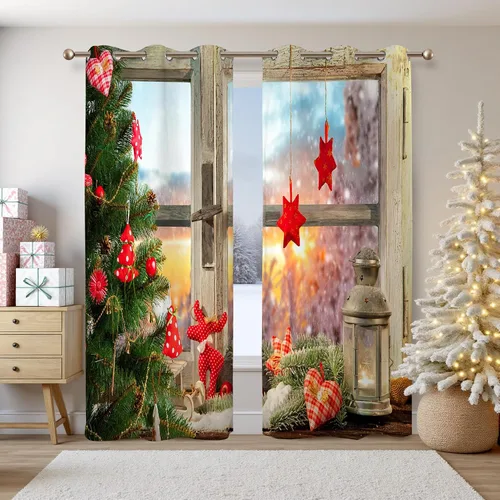 Vista 11 de Renaiss Cortinas opacas de Navidad con tablones de madera rústica para dormitorio, con ojales, estampado de copos de nieve navideños, cortinas