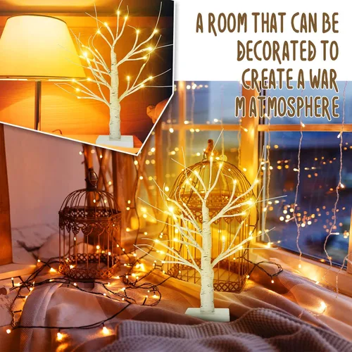 Vista 6 de Macarrie 4 piezas árbol de abedul con luces LED, decoraciones de Navidad y boda, mini ramas artificiales blancas iluminadas para mesa, funciona