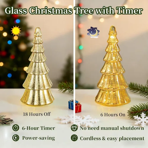 Vista 5 de Glasseam Centros de mesa de Navidad dorados para mesa: juego de 3 árboles de Navidad de vidrio de mercurio con luces, árboles de Navidad de mesa