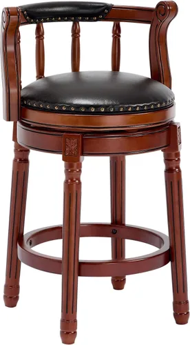 Vista 14 de RAINMOOD Juego de 2 taburetes de bar, taburete tapizado de cuero de grano completo, silla de bar negra con respaldo, patas de madera maciza