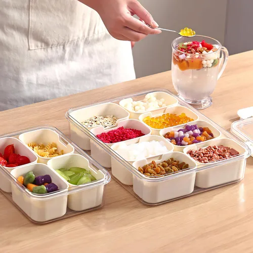 Vista 2 de Paquete de 2 Cajas Snackle con Asa para Bandeja de Servir Alimentos Plato de Aperitivos con Tapas Contenedor Apilable de Frutas y Verduras con 8