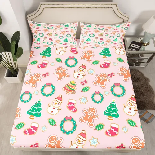 Vista 28 de Juego de sábanas con diseño de Papá Noel y muñeco de nieve para niños, niñas y niños, de temática navideña, juego de cama con diseño de árbol