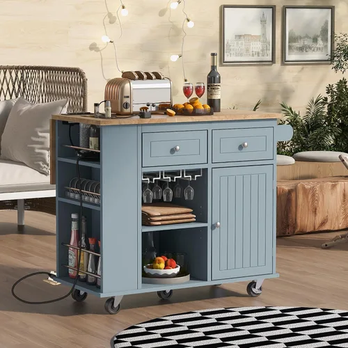 Vista 28 de Delicate Rolling Kitchen Island Cart with Rubber Wood Drop-Leaf Countertop and Lockable Rollers,Storage Cabinet and 2 Drawers,Sliding Barn Door