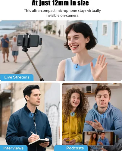 Vista 4 de Micrófono Lavalier inalámbrico para iPhone, iPad, Android - Enchufe USB-C con cancelación de ruido, mini micrófono de solapa con estuche de carga