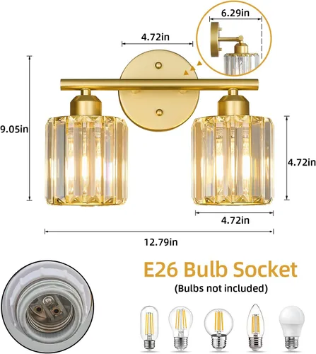 Vista 3 de Lámpara de tocador moderna de cristal de 2 luces, accesorio de luz vertical dorada para baño sobre espejo para mesa de tocador y fregadero