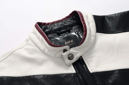 Vista 5 de Traje de carreras de motocicleta de cuero de motocicleta de cuello alto para hombre, chaqueta de cuero de simulación de PU de bloqueo