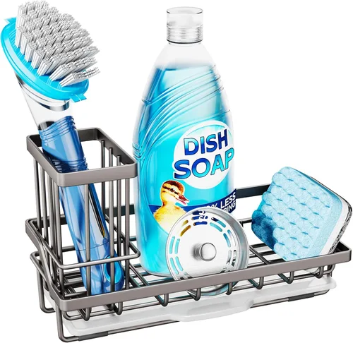 Vista 14 de Consumest Organizador para fregadero, soporte de esponja de cocina con soporte para cepillos de platos, organizador de cocina con bandeja de goteo