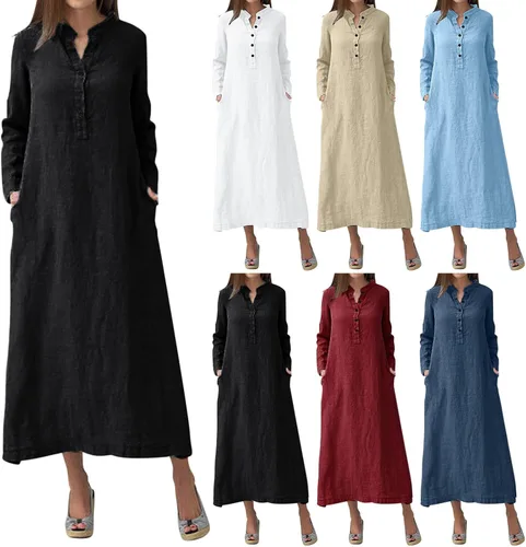 Vista 11 de Vestido de manga larga para mujer, casual, de algodón, lino, con botones, maxivestidos tipo caftán, blanco y azul