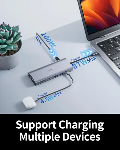 Vista 7 de Estación de acoplamiento USB C para laptop, estación de acoplamiento de monitor doble, estación de acoplamiento 13 en 1, 3 monitores con 2HDMI, VGA