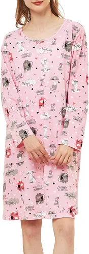 Vista 2 de CHUNG Camisones de algodón para mujer, manga larga, por encima de la rodilla, estampado vívido, camisones para dormir, otoño, invierno