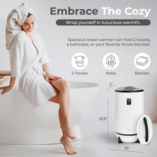 Vista 2 de SereneLife Calentador de toallas estilo cubo, calentador de manta portátil para spa y baño, gran capacidad, fragancia personalizable, apagado