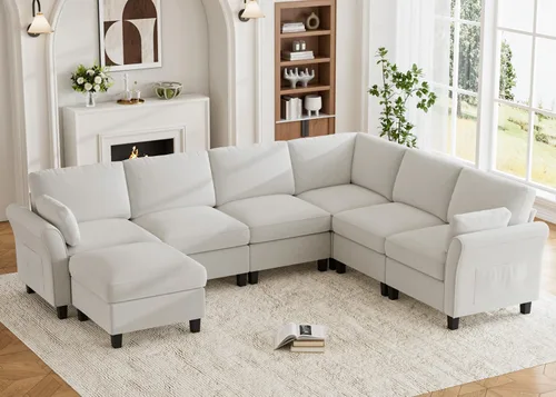 Vista 22 de Legend Vansen Sofá modular seccional, cómodo sofá modular en forma de U de 6 asientos con espacio de almacenamiento y diván, sofás seccionales Crema