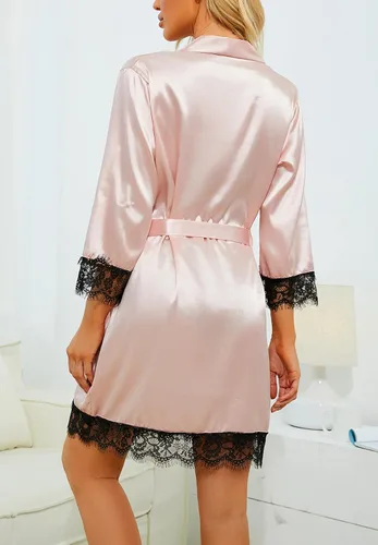 Vista 4 de LYANER Conjunto de pijama de 4 piezas para mujer con ribete de encaje floral satinado con bata