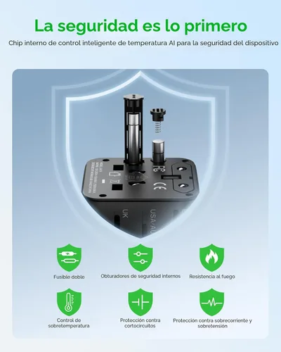 Vista 8 de MOMAX 70W Adaptador de viaje universal 7 en 1 GaN Adaptador de corriente internacional Negro