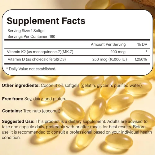 Vista 2 de Vitamina D3 10000 UI con cápsulas blandas K2 MK-7 de 200 mcg, 180 unidades Apoya la salud ósea, cardíaca e inmunológica Absorción mejorada