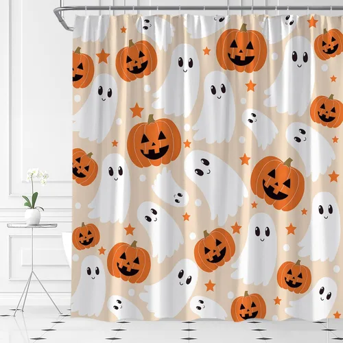 Vista 3 de Bonita cortina de ducha fantasma de Halloween, calabaza espeluznante, divertida tela de dibujos animados para decoración de baño, bañera con ganchos