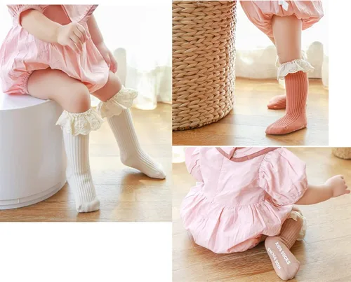 Vista 5 de Calcetines largos de uniforme para bebés y niñas calcetines de encaje con volantes para bebés y niñas calcetines altos de algodón