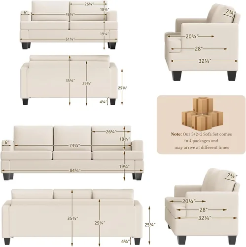 Vista 2 de Furnimart Sofás Seccionales para Sala de Estar, Modernos 2 Sofás de Dos Plazas y Sofá de 3 Plazas, Juego de Sofá de Asiento Profundo Color Crema