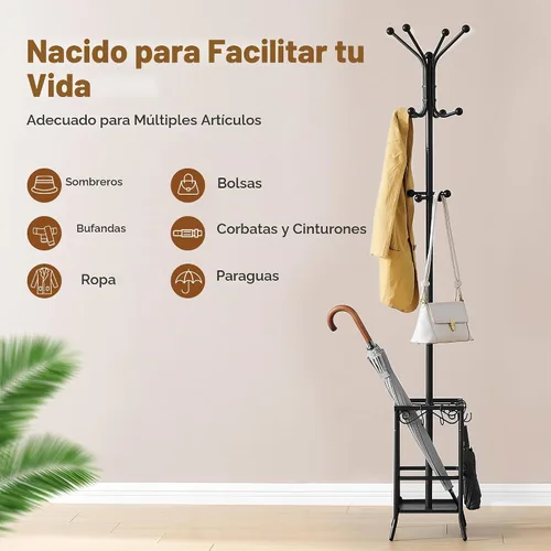 Vista 6 de Hoctieon Perchero independiente, Perchero con soporte para paraguas, perchero de metal con 12 ganchos, soporte para colgar abrigos de pie, soporte