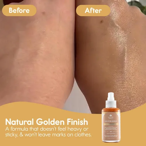 Vista 4 de Nature Spell Aceite seco brillante para cuerpo y cara, hidratante ligero con acabado brillante, infundido con aceites de argán y coco, vegano