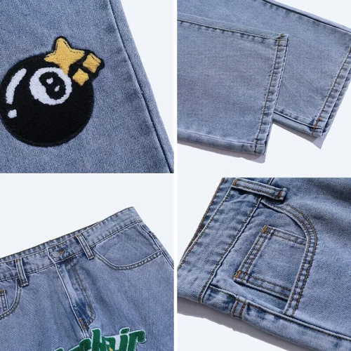 Vista 5 de Aelfric Eden Pantalones de mezclilla para hombre con estampado gráfico Y2K Streetwear de moda, holgados, rectos, pierna ancha, pantalones casuales