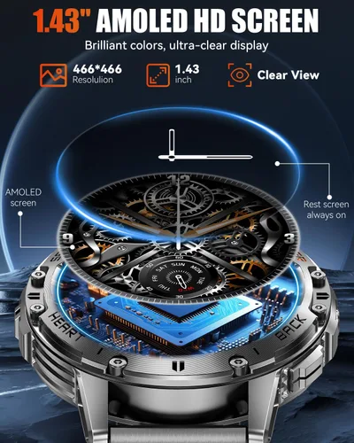 Vista 3 de Relojes inteligentes militares para hombre con llamada Bluetooth, reloj inteligente AMOLED impermeable de 1.43 pulgadas con linterna, 111 modos