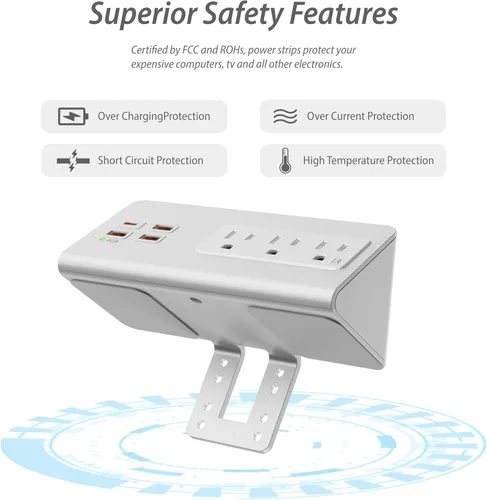 Vista 7 de Regletas de alimentación con abrazadera para borde de escritorio con 4 puertos USB (1 puerto PD 20 W USB-C) y 3 salidas de CA, protector