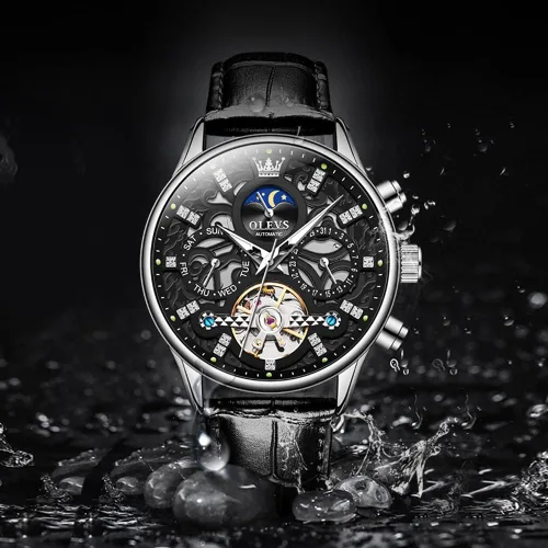 Vista 6 de OLEVS Men Skeleton Watch Automatic Mechanical Dress Casual Brown Black Leather Moon Phase Luminous Waterproof Wrist Watches