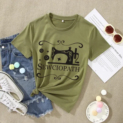 Vista 4 de Camiseta de mujer para amantes de la costura con estampado de costura, divertida máquina de coser con cuello redondo, manga corta, casual