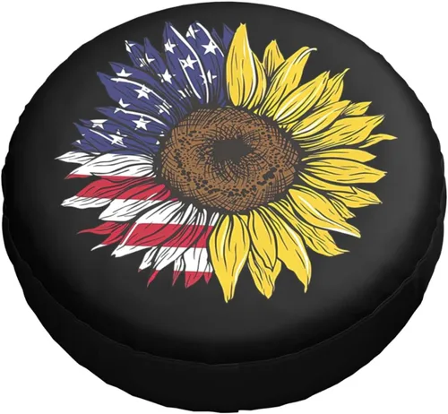 Vista 9 de Bandera Americana de Estados Unidos, cubierta de neumático de repuesto con diseño de girasol, protector de rueda a prueba de polvo, para remolque