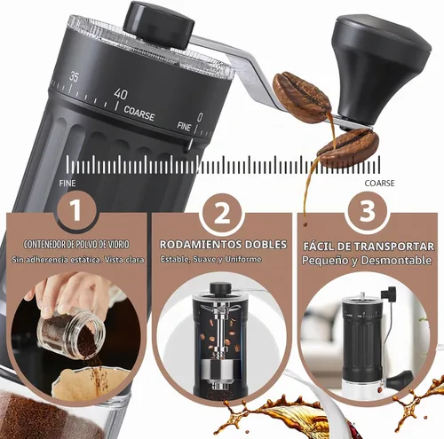 Vista 5 de EZLucky Molinillo de café manual con 40 ajustes externos, molinillo de frijoles de manivela manual de 1.06 oz de capacidad, molinillo compacto