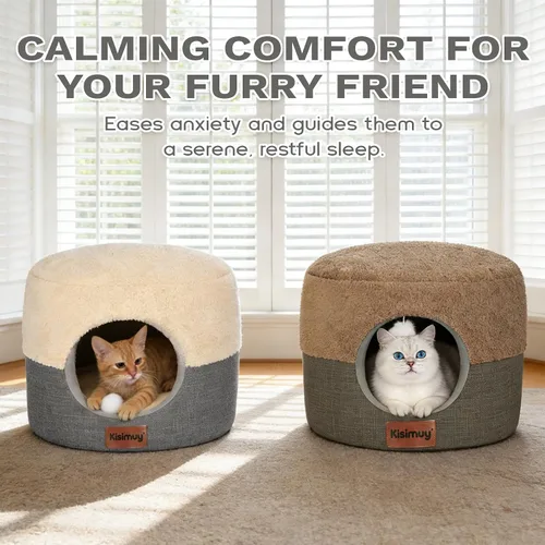 Vista 8 de Cueva de cama para gatos de interior, 2 en 1 plegable para gatos y cama lounge con cojín reversible, casa cerrada calmante y antiansiedad