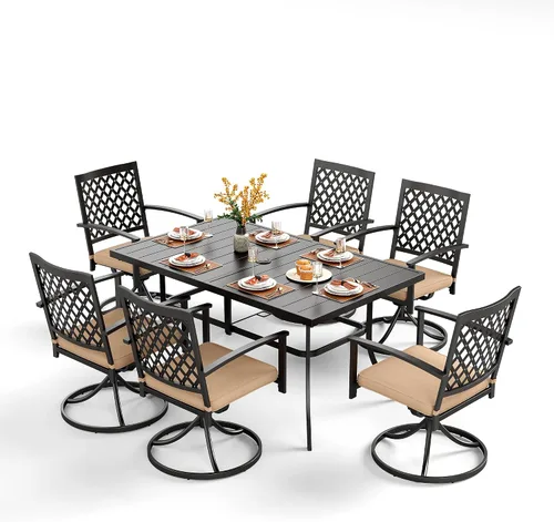 Vista 42 de PHI VILLA Juego de comedor al aire libre de 7 piezas para 6, mesa rectangular de metal negro de 60 pulgadas con agujero para sombrilla y sillas