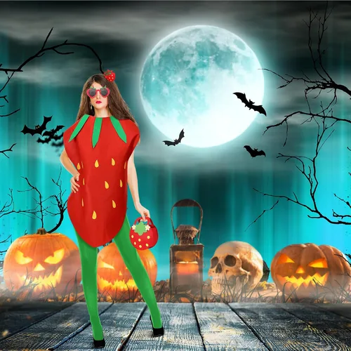Vista 6 de Jiuguva 5 piezas unisex Halloween fresa disfraz de fruta traje de la cabeza pantimedias gafas bolsa ropa fresa para adultos