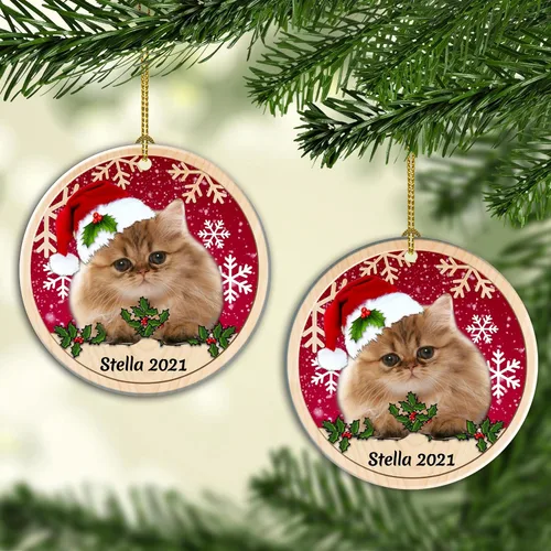 Vista 2 de Adorno de cerámica de Navidad de gato persa, adorno personalizado con nombre de gato de Navidad 02 lados, decoración colgante de árbol de Navidad