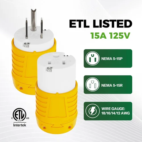 Vista 2 de RVGUARD extremos de cable de extensión macho y hembra, juego de enchufe y conector de repuesto de hoja recta de 15 A 125 V de servicio pesado, tipo