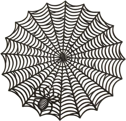 Vista 4 de Juego de 4 manteles individuales redondos de Halloween de 12 pulgadas, manteles individuales de tela de araña negra de poliéster con diseño hueco