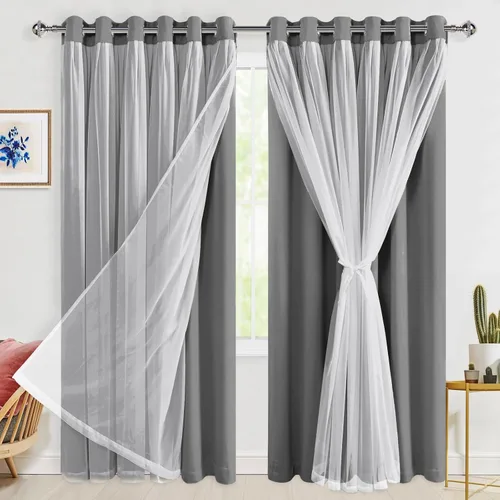 Vista 63 de Hiasan Cortinas opacas con superposición transparente, aislamiento térmico para mezclar y combinar de doble capa, cortinas de oscurecimiento de Beige